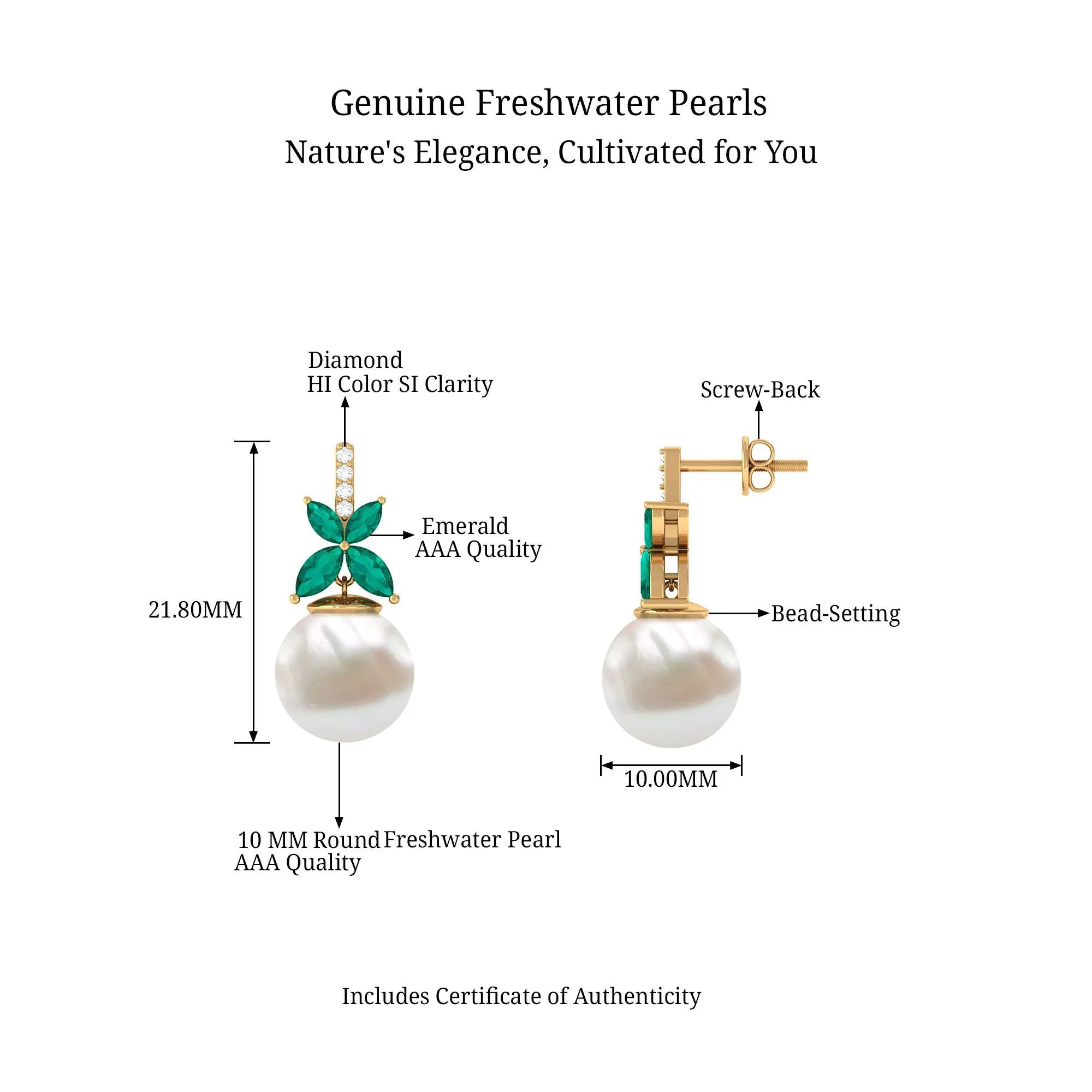 Freshwater Pearl Drop Earrings with Floral Emerald