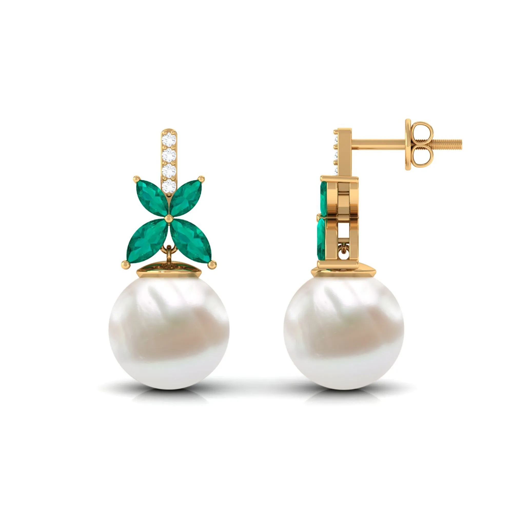 Freshwater Pearl Drop Earrings with Floral Emerald