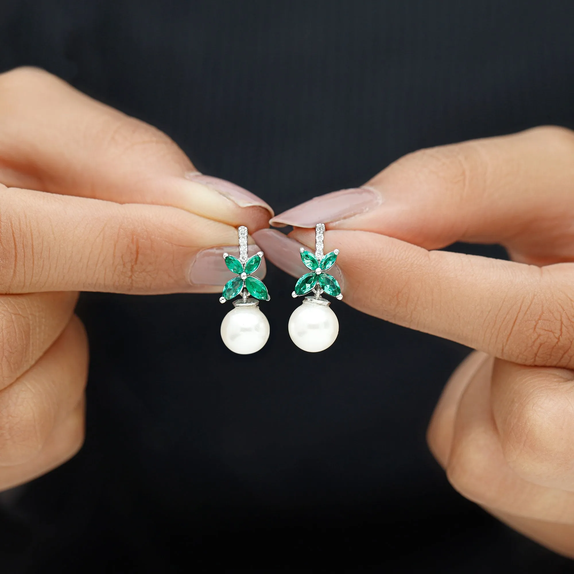 Freshwater Pearl Drop Earrings with Floral Emerald