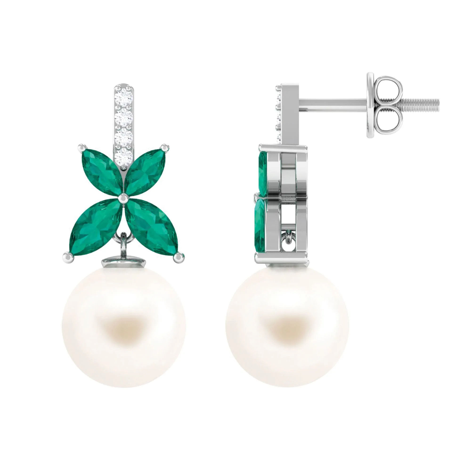 Freshwater Pearl Drop Earrings with Floral Emerald