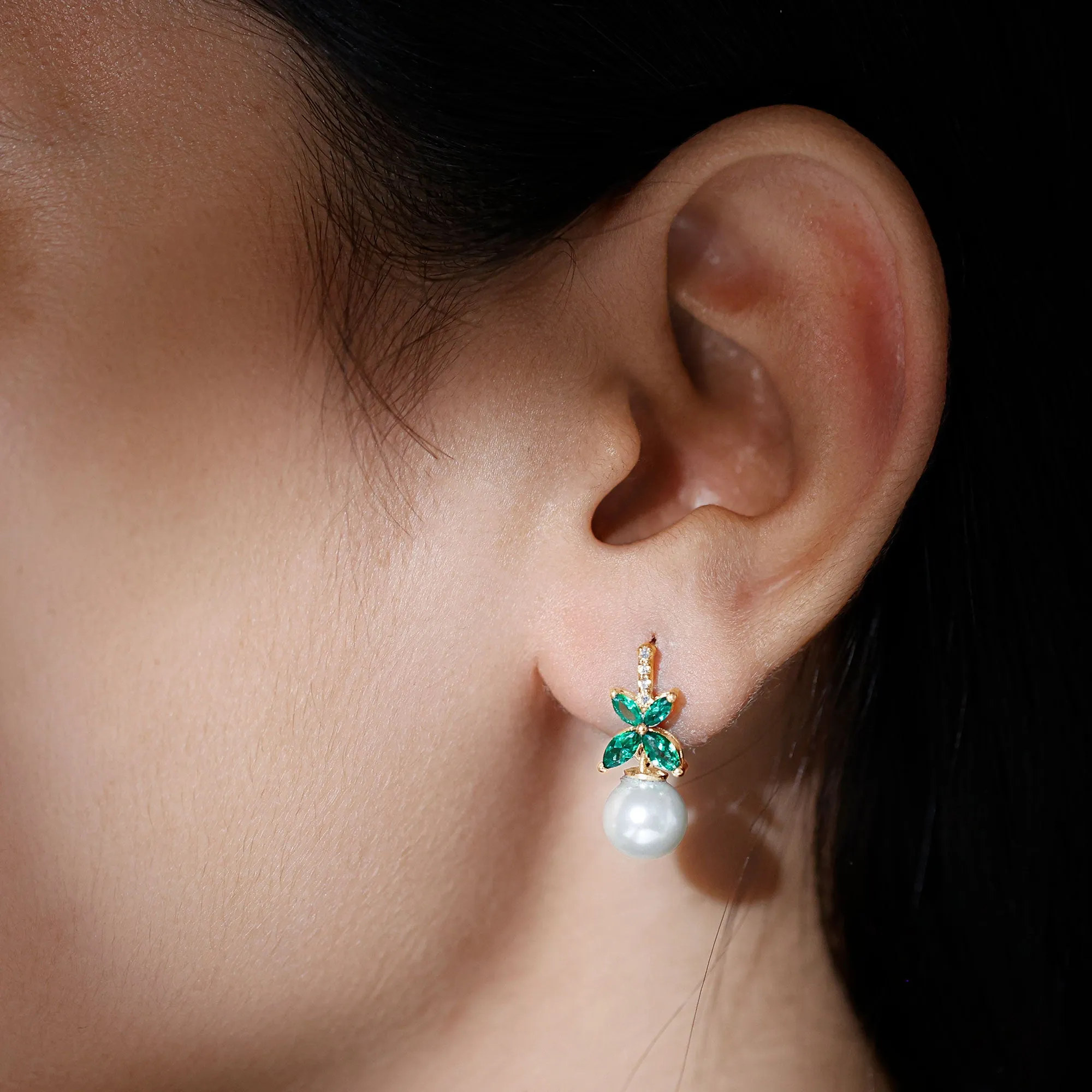Freshwater Pearl Drop Earrings with Floral Emerald