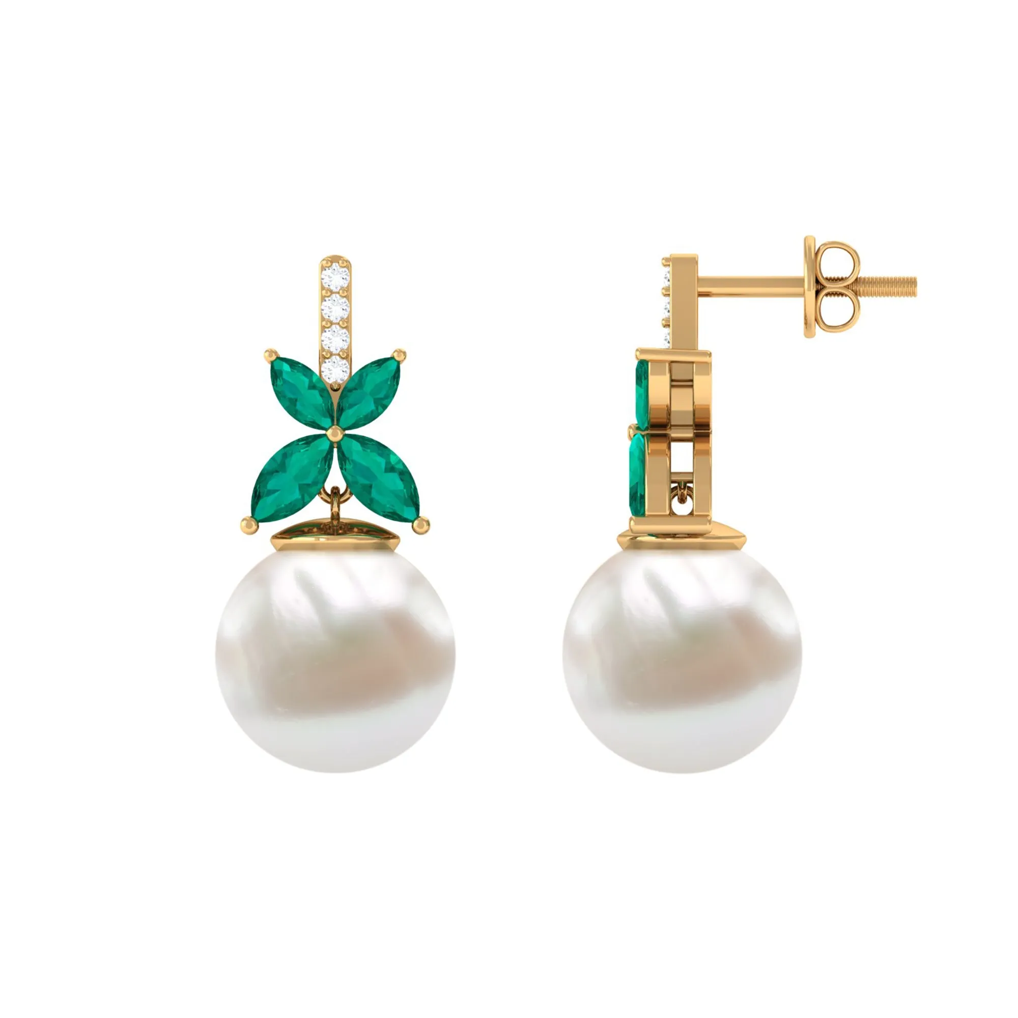 Freshwater Pearl Drop Earrings with Floral Emerald