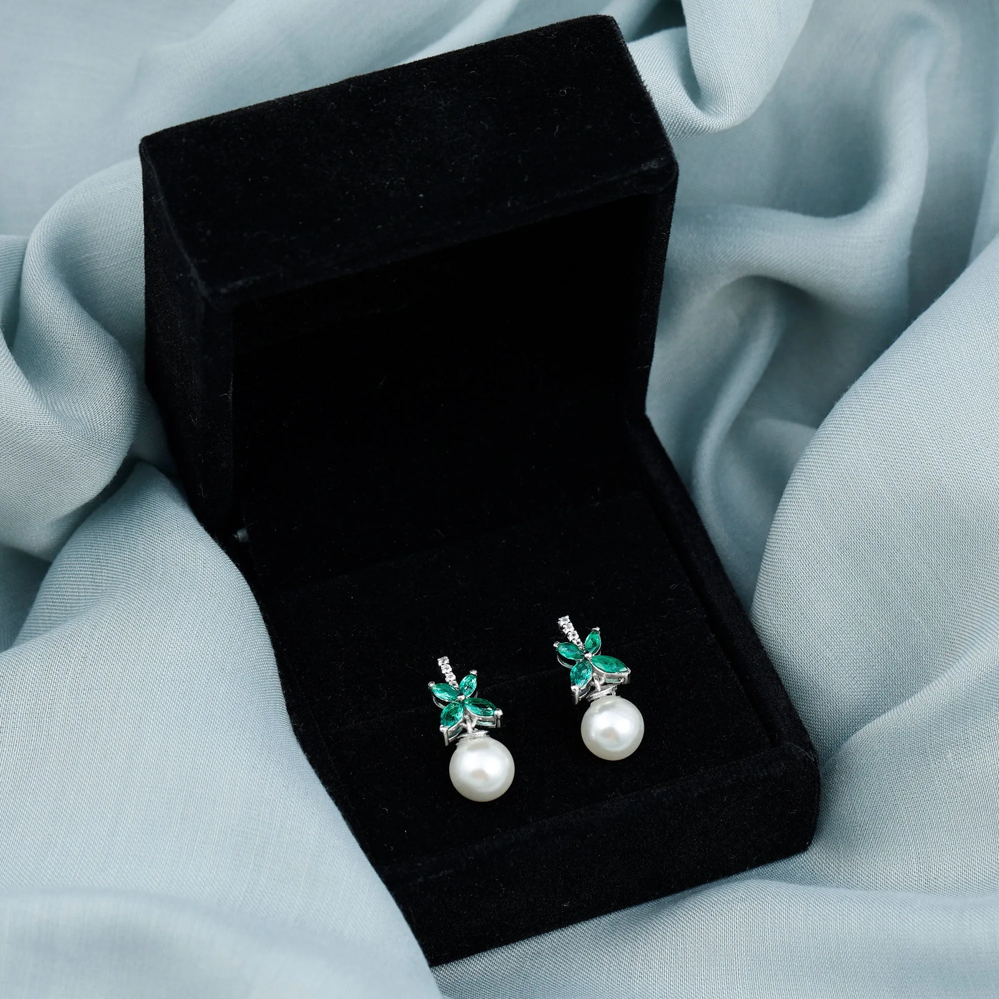 Freshwater Pearl Drop Earrings with Floral Emerald