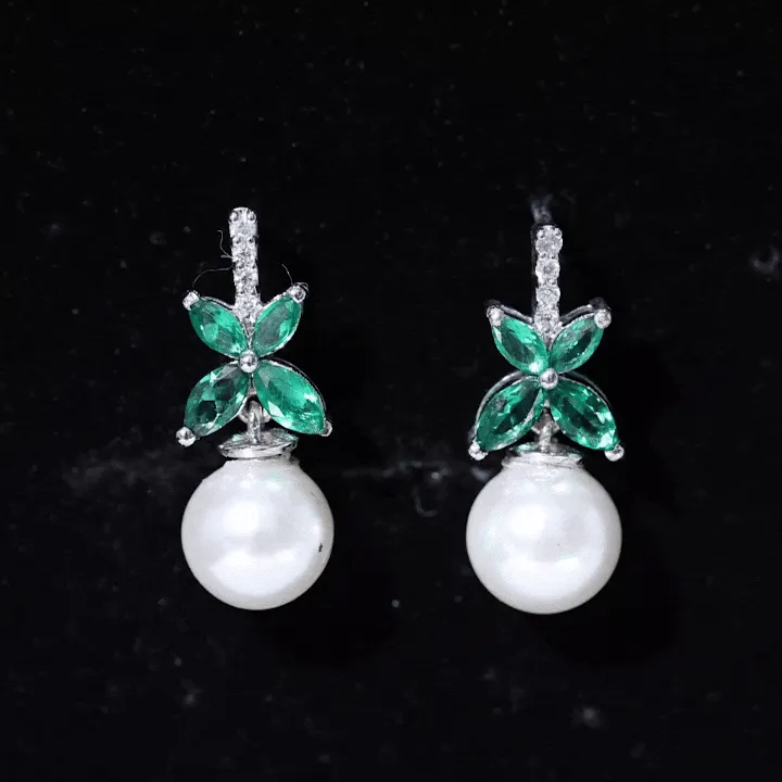 Freshwater Pearl Drop Earrings with Floral Emerald