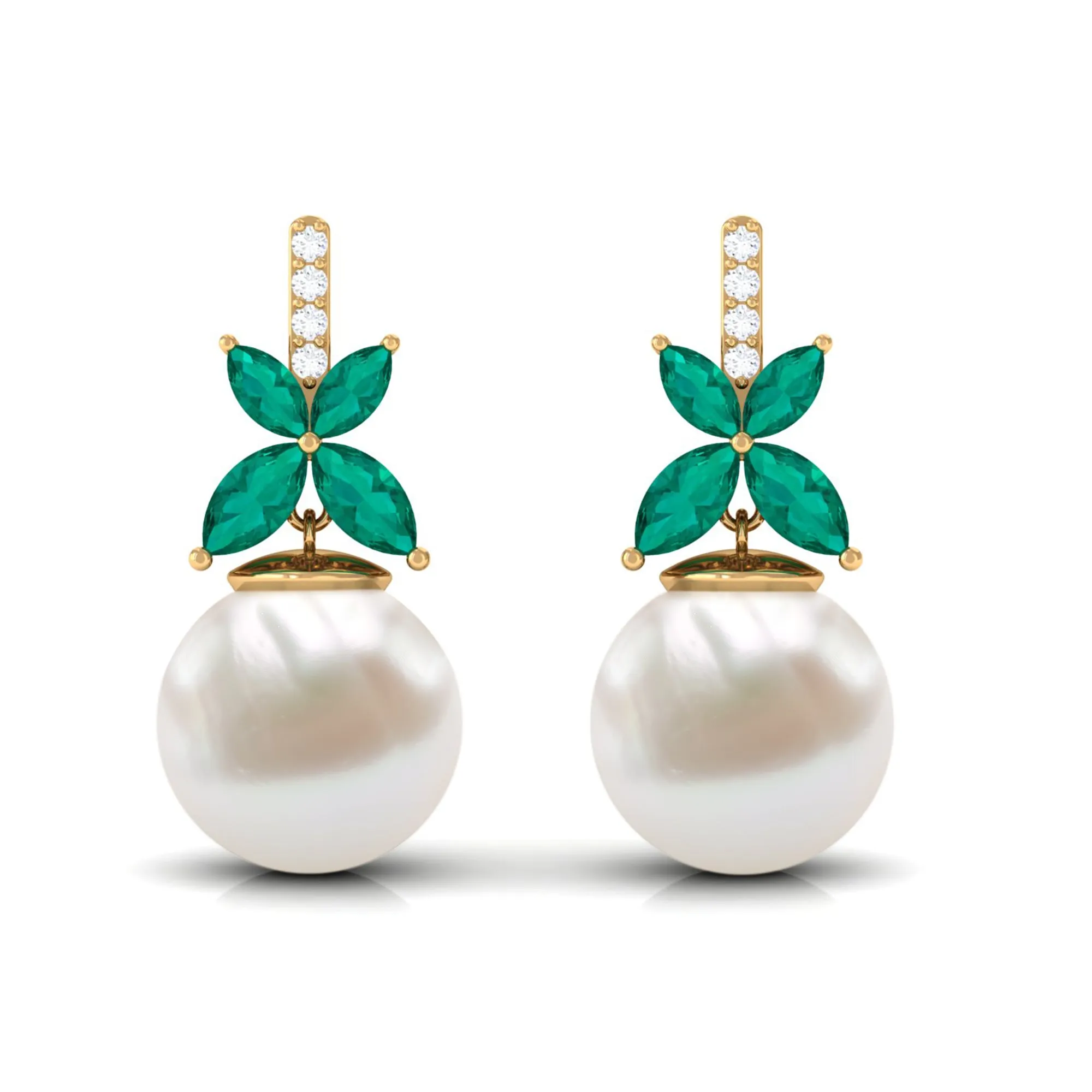 Freshwater Pearl Drop Earrings with Floral Emerald