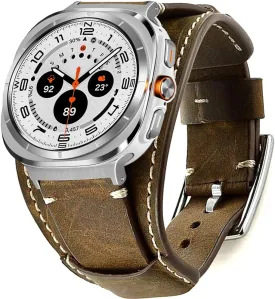 Genuine Leather Bands Compatible with Samsung Galaxy Watch Ultra 47mm Replacement Wristband,Smart Watch Bracelet Wristband Crazy Horse Cuff Adjustable Quick Release Straps for Women Men.