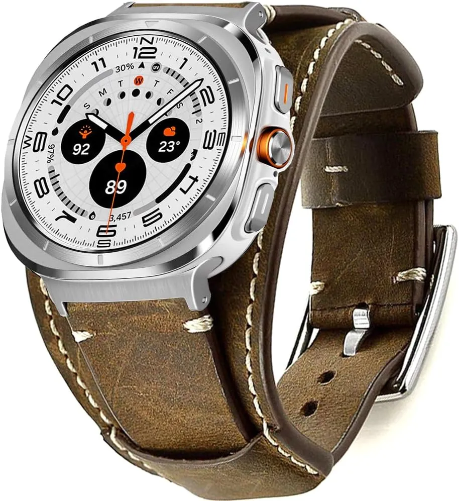 Genuine Leather Bands Compatible with Samsung Galaxy Watch Ultra 47mm Replacement Wristband,Smart Watch Bracelet Wristband Crazy Horse Cuff Adjustable Quick Release Straps for Women Men.