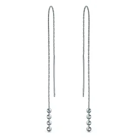 Geometric Minimalist Dangle Earrings Long Chain with Four Bead Balls in Sterling Silver