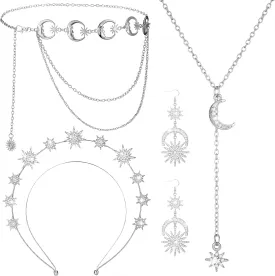 Glenmal 4 Pieces Halo Crown Moon Stars Necklaces and Body Chain Halo Tiaras Headband Headpiece Drop Earrings for Women