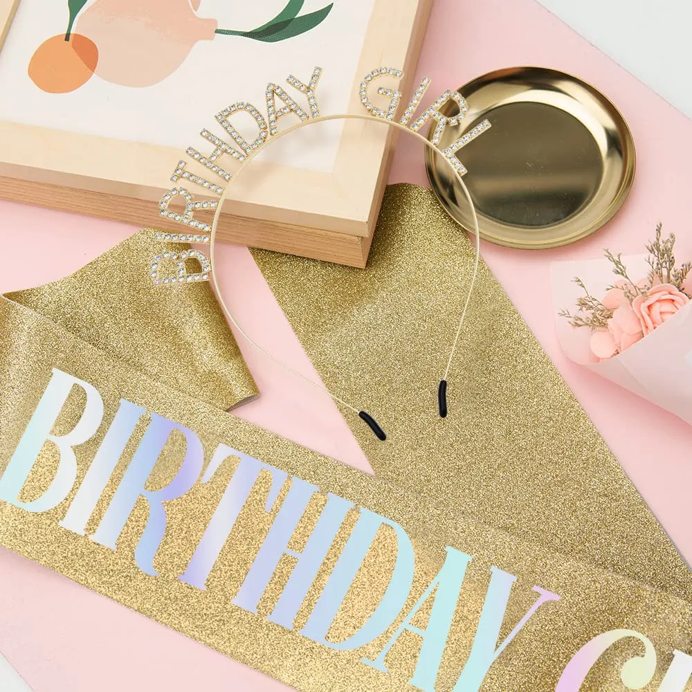 Glitter Birthday Sash, Tiara, and Rhinestone Headband for Women - Gold Birthday Accessories Set