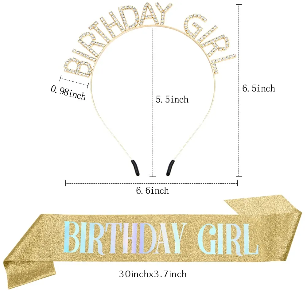 Glitter Birthday Sash, Tiara, and Rhinestone Headband for Women - Gold Birthday Accessories Set