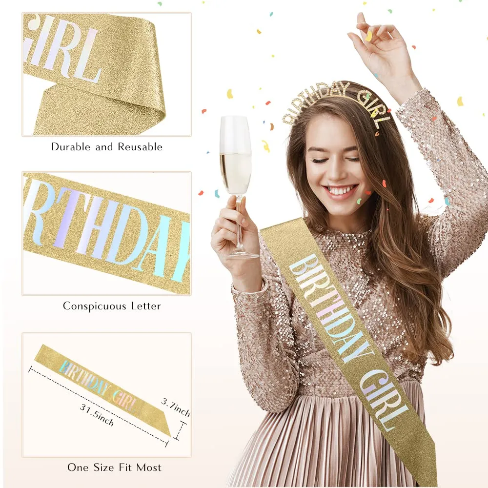 Glitter Birthday Sash, Tiara, and Rhinestone Headband for Women - Gold Birthday Accessories Set