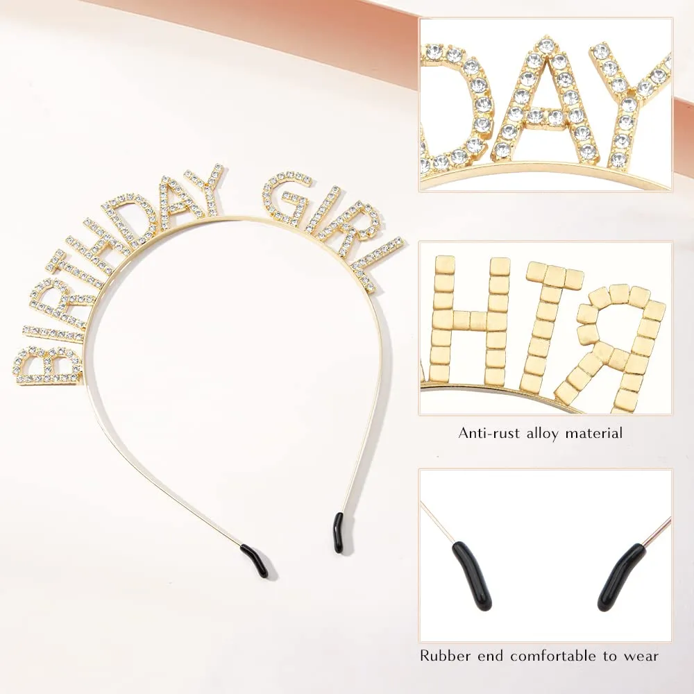 Glitter Birthday Sash, Tiara, and Rhinestone Headband for Women - Gold Birthday Accessories Set