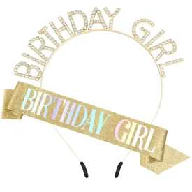 Glitter Birthday Sash, Tiara, and Rhinestone Headband for Women - Gold Birthday Accessories Set