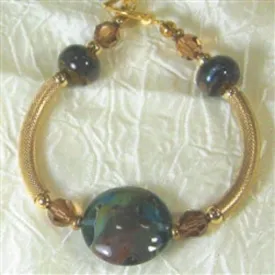 Gold Bangle Bracelet  with Blue Green Handmade Bead