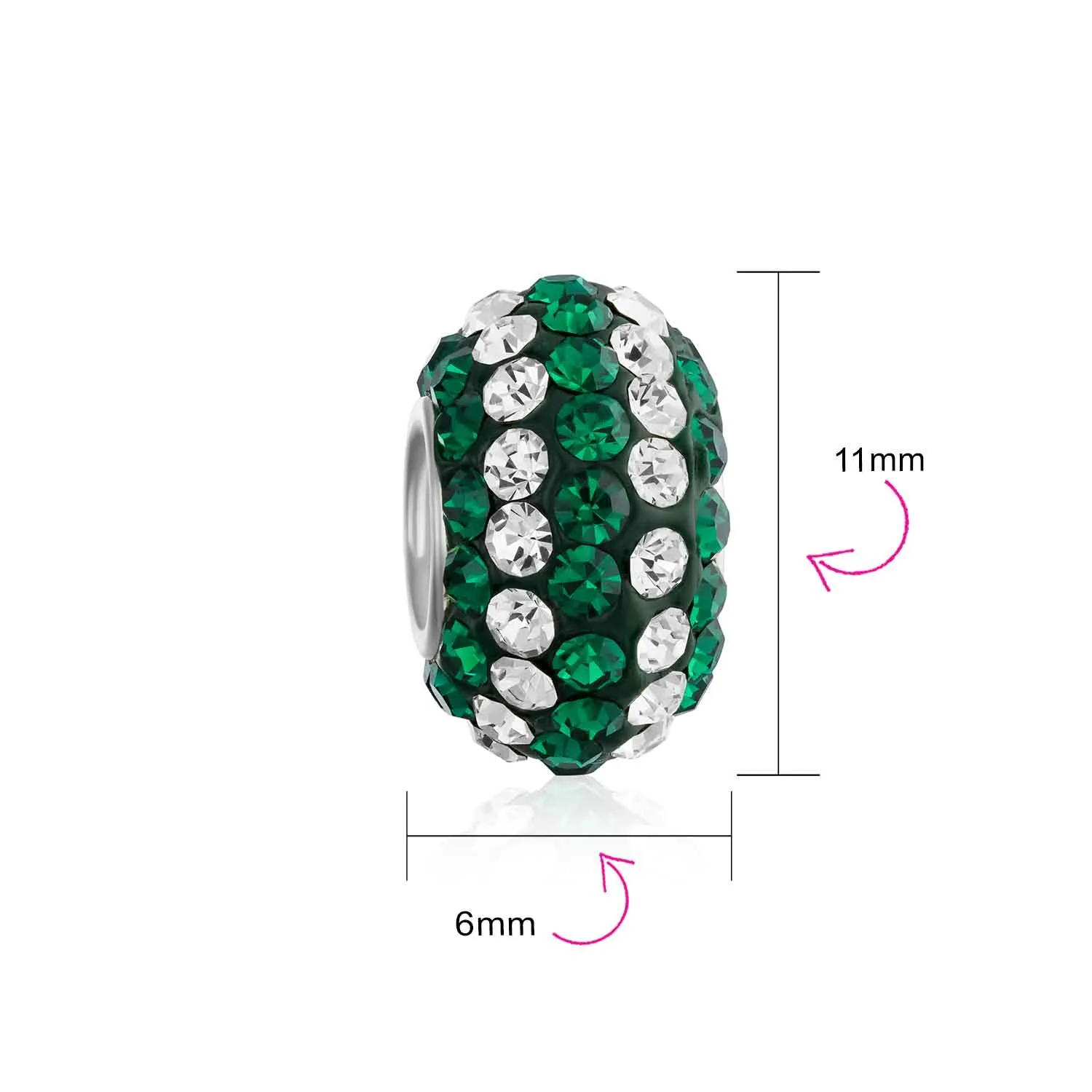 Green White Striped Crystal Bead Charm for European Bracelet Sterling Silver Core