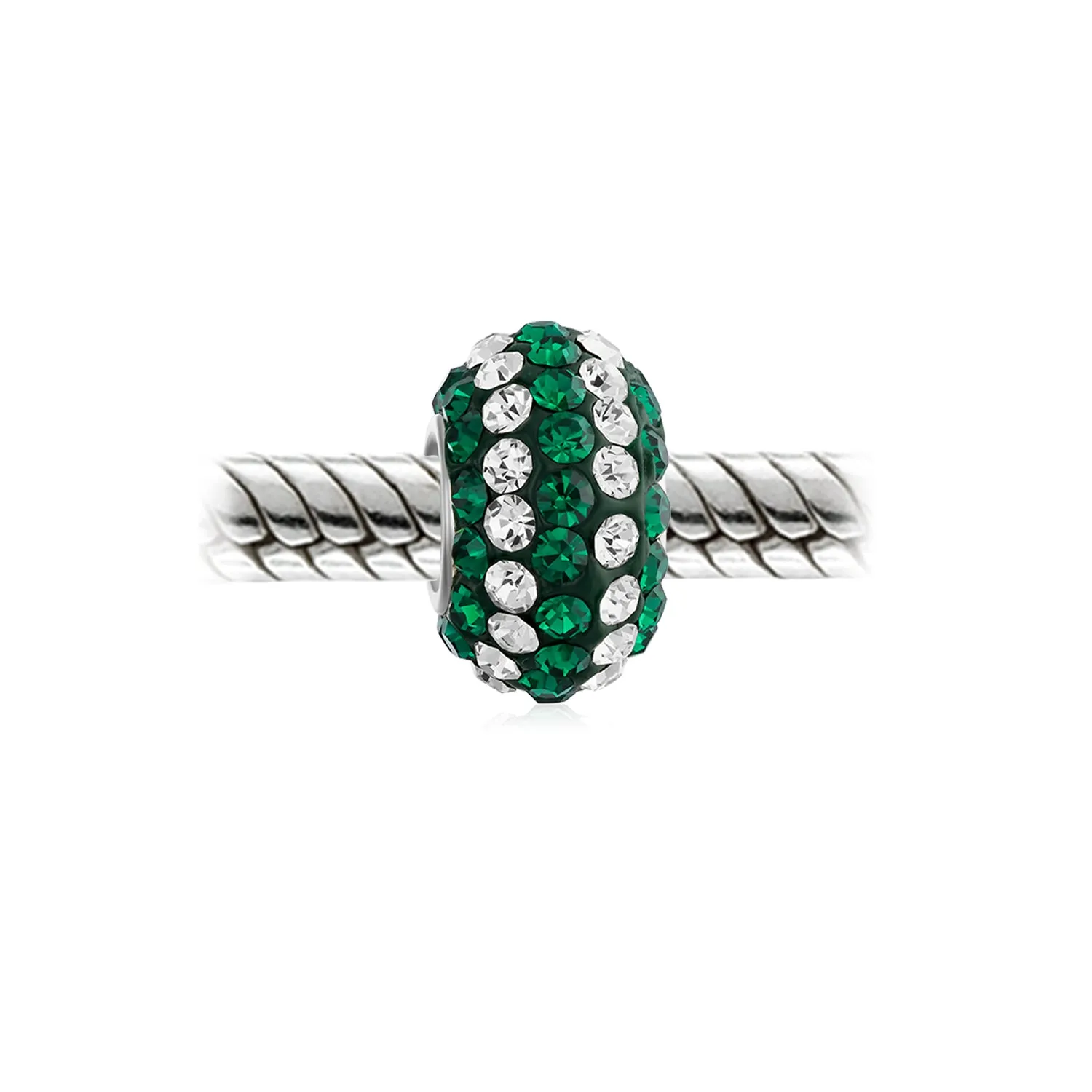 Green White Striped Crystal Bead Charm for European Bracelet Sterling Silver Core