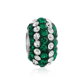 Green White Striped Crystal Bead Charm for European Bracelet Sterling Silver Core