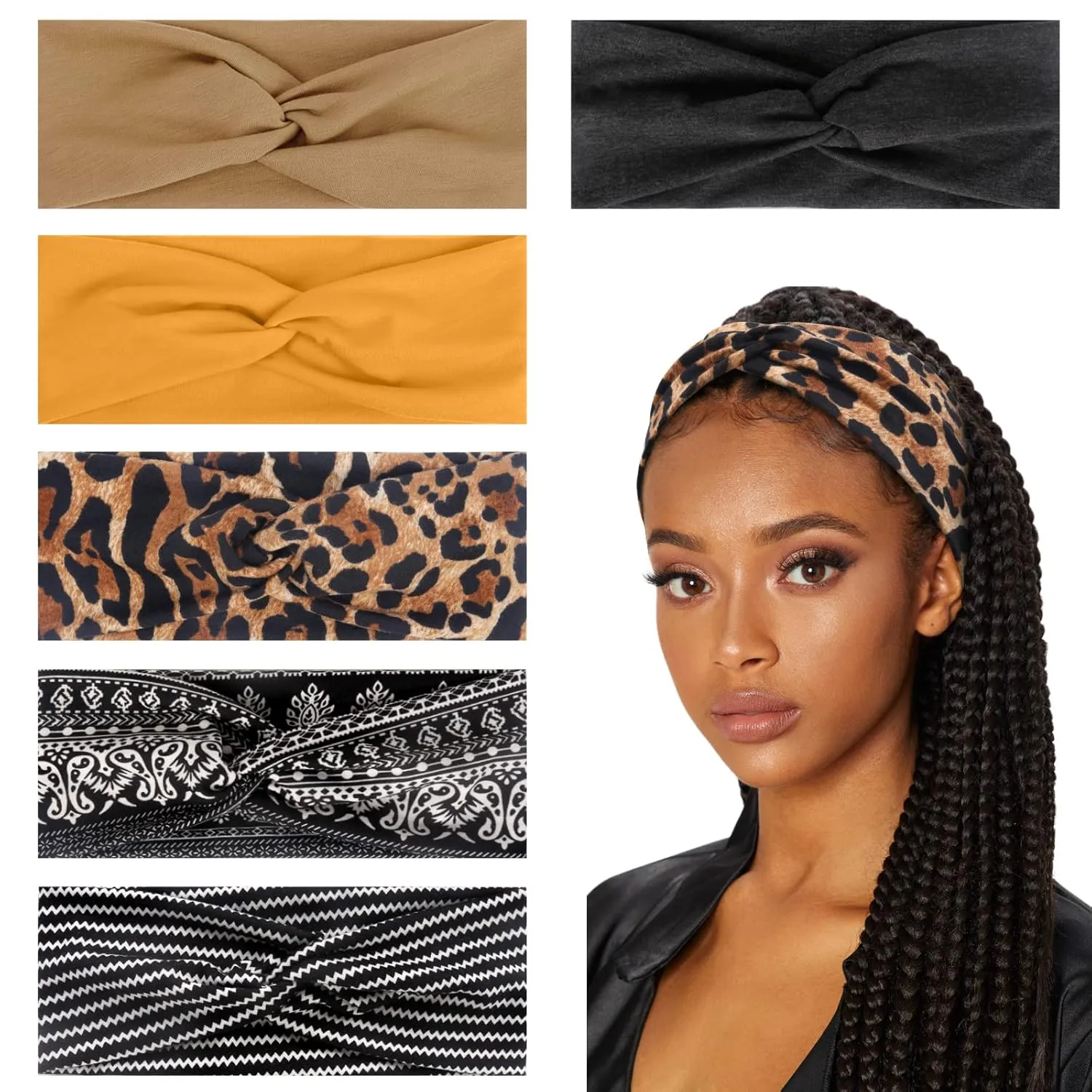 Huachi Boho Headbands for Women's Hair Fashion Turban Head Bands Non Slip Wide Twisted Headwraps Workout Hair Accessories, 6 Pack