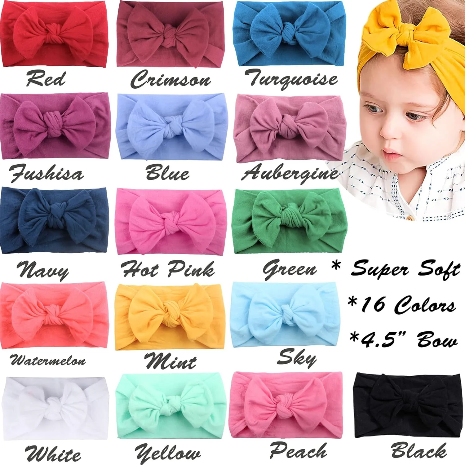 JOYOYO 16 Colors Soft Wide Turban Baby Headbands with 4.5 inches Hair Bow Headwraps for Baby Girls Infants Newborn Hair Accessories Toddlers Kids and Children