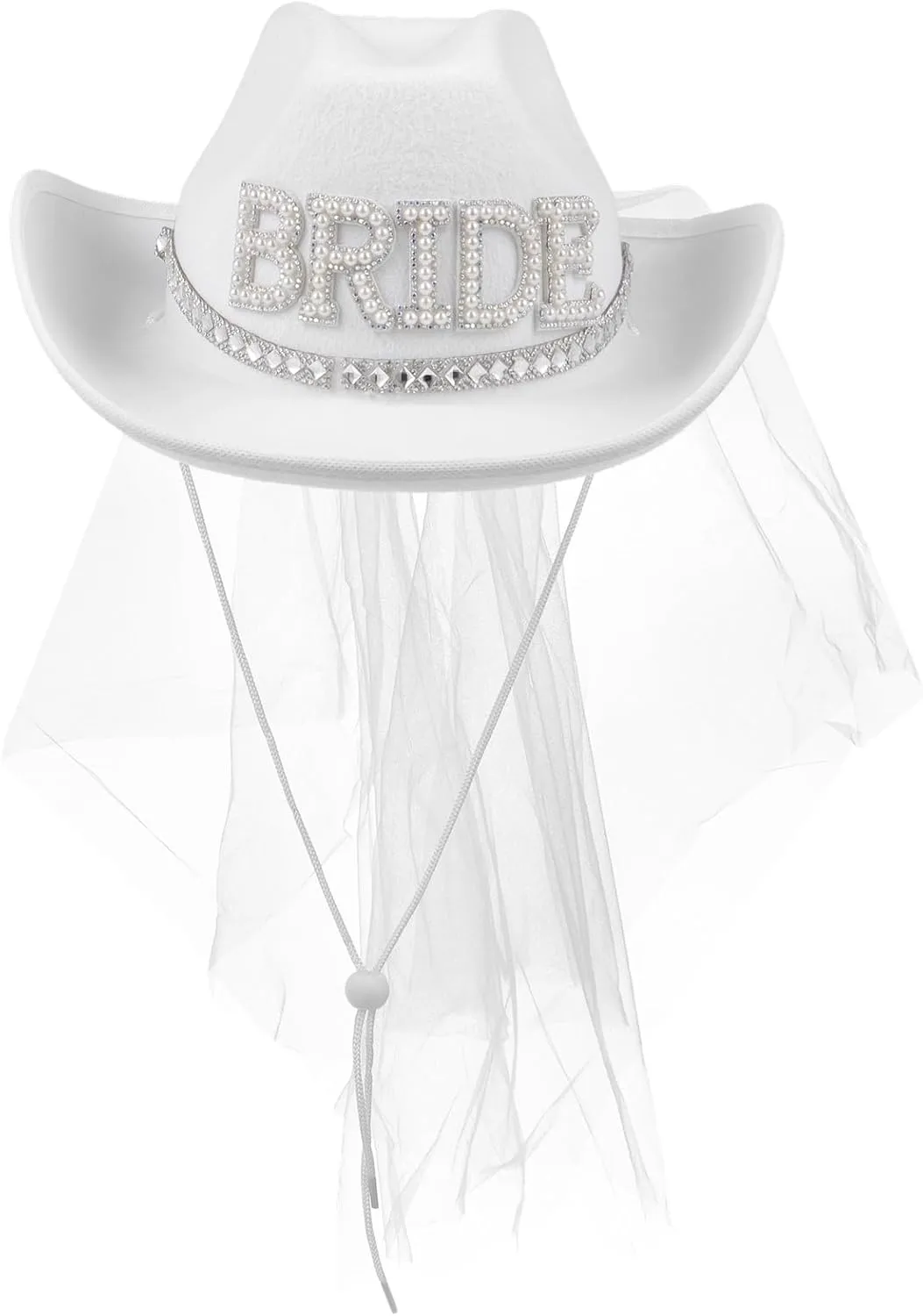 Lnrueg Bridal Cowgirl Hat and Veil Bachelorette Party, White Cowboy Hat Rhinestone Bride Cowboy Hat Wedding Shower Decoration