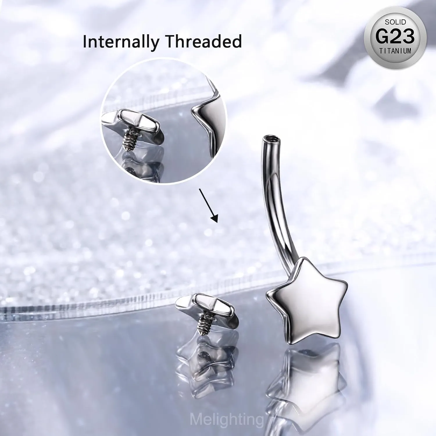 Melighting Titanium Belly Button Ring 14G Star Belly Ring Internally Threaded G23 Titanium Belly Piercing Hoop Navel Barbell Body Piercing Jewelry