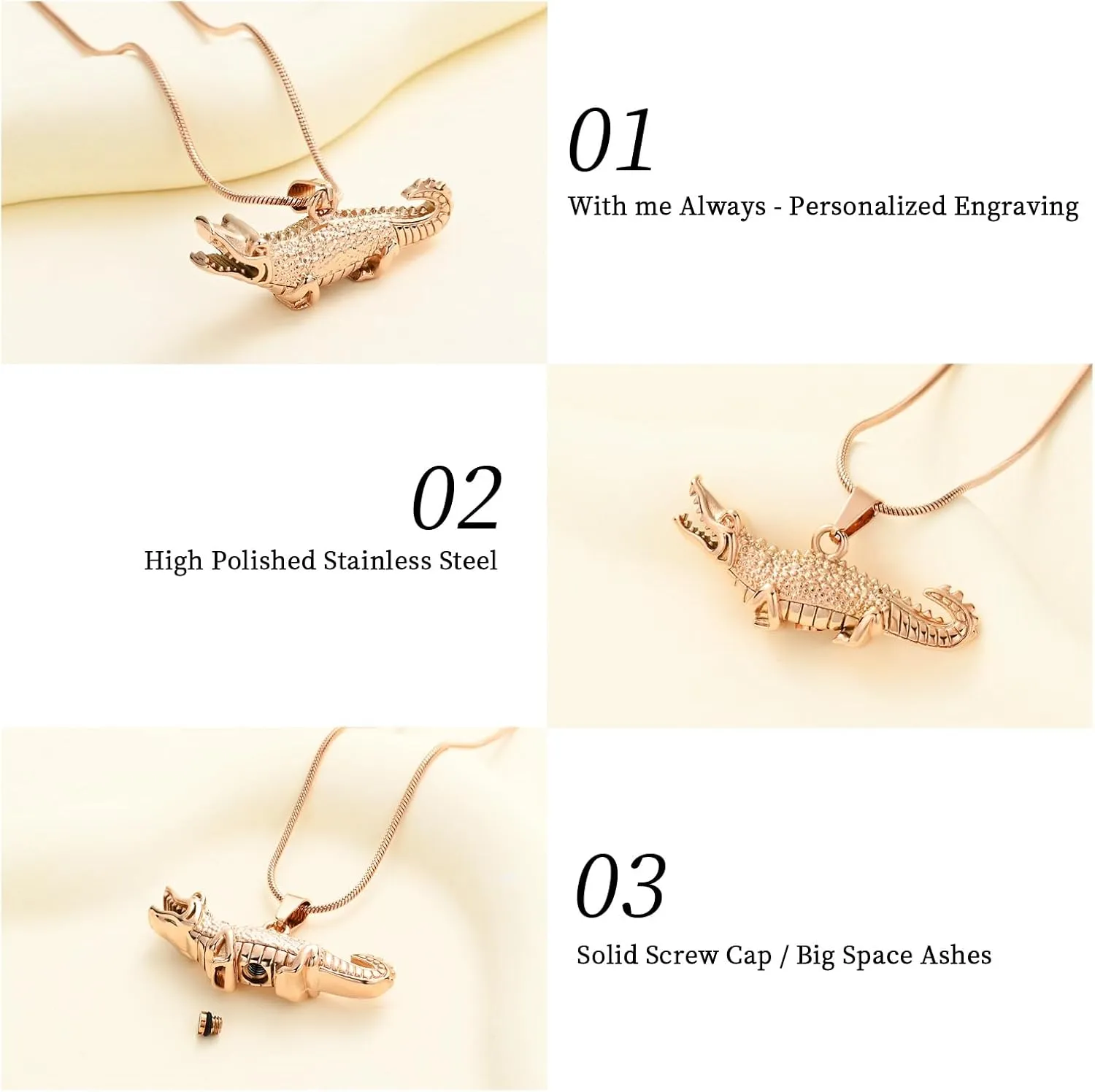 Oinsi Crocodile Cremation Jewelry For Ashes For Pet Stainless Steel Aligator Memorial Urn pendant Necklace For Men Keepsake Jewelry Gifts