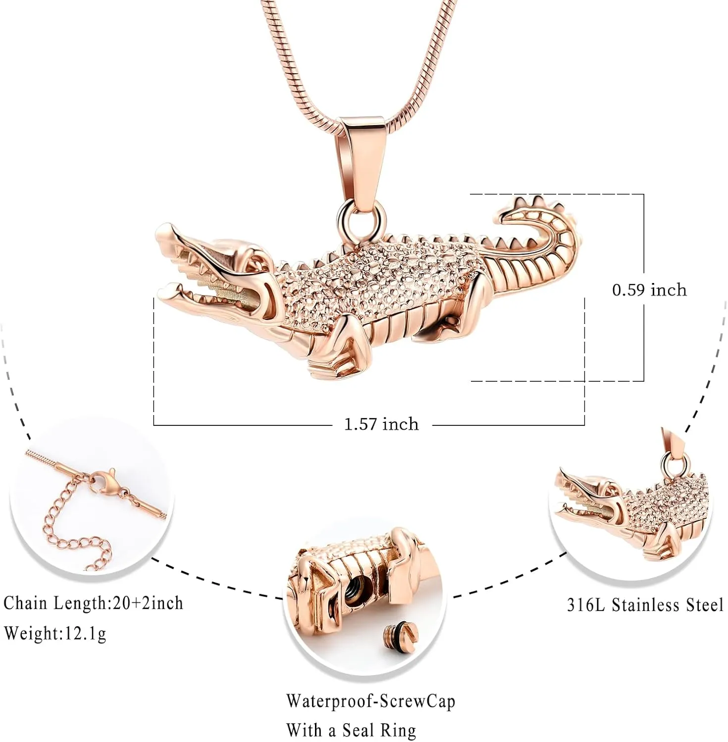 Oinsi Crocodile Cremation Jewelry For Ashes For Pet Stainless Steel Aligator Memorial Urn pendant Necklace For Men Keepsake Jewelry Gifts