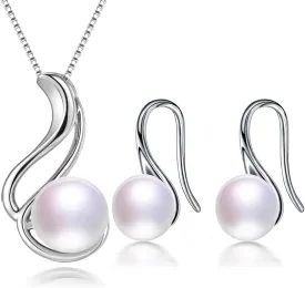 Pearl Jewelry Set For Women 925 Sterling Silver Necklace Pearl Pendant & Pearl Earrings Freshwater Pearl Drop Jewelry Set for Wedding Prom Gift