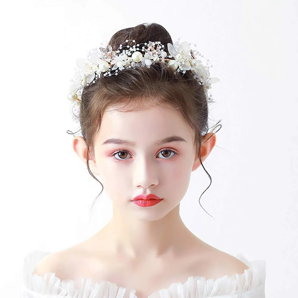 PRDGIRL Headband Wedding Flower Girls, Rhinestone Pearl Crystal Beads Fairy Gold Vine Hair Accessories for Little Girl Princess Halo Tiara