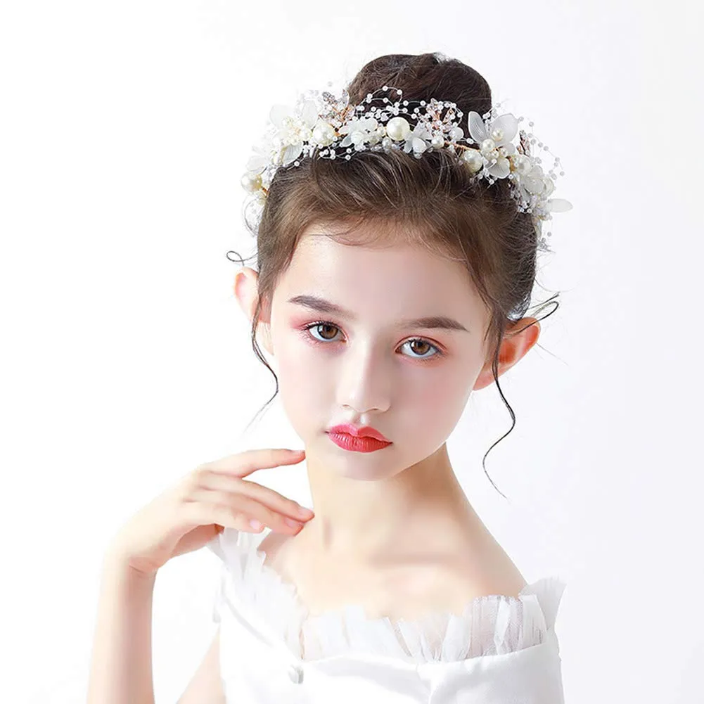 PRDGIRL Headband Wedding Flower Girls, Rhinestone Pearl Crystal Beads Fairy Gold Vine Hair Accessories for Little Girl Princess Halo Tiara
