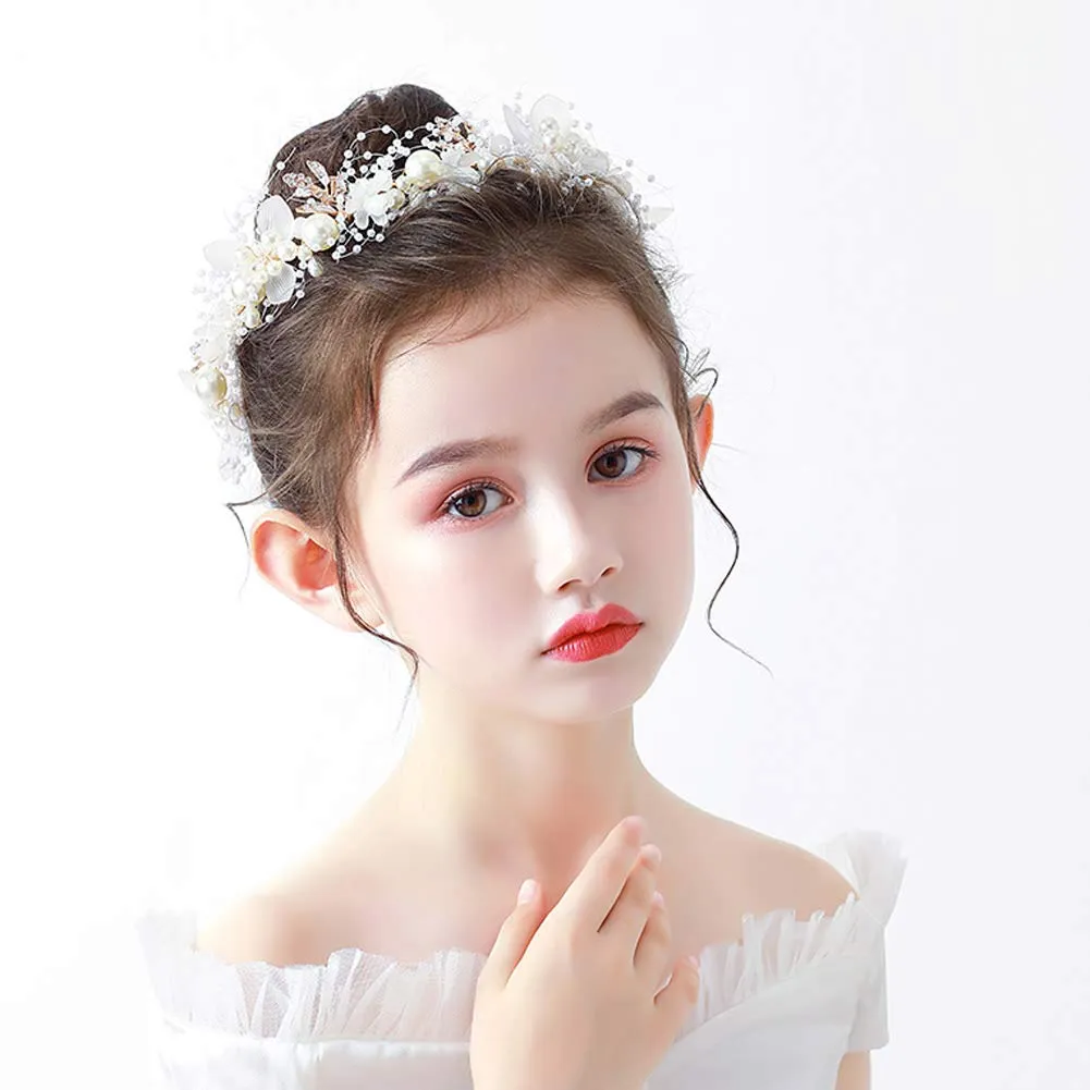 PRDGIRL Headband Wedding Flower Girls, Rhinestone Pearl Crystal Beads Fairy Gold Vine Hair Accessories for Little Girl Princess Halo Tiara