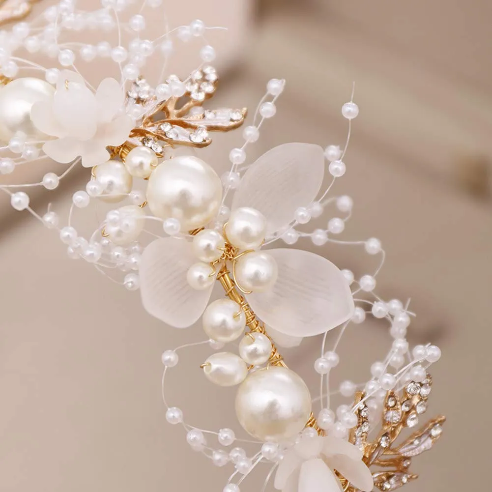 PRDGIRL Headband Wedding Flower Girls, Rhinestone Pearl Crystal Beads Fairy Gold Vine Hair Accessories for Little Girl Princess Halo Tiara