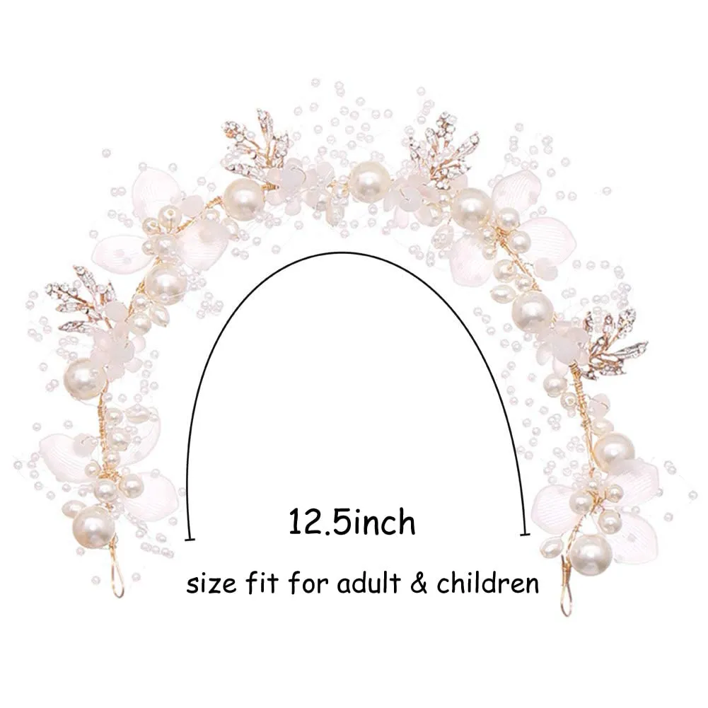 PRDGIRL Headband Wedding Flower Girls, Rhinestone Pearl Crystal Beads Fairy Gold Vine Hair Accessories for Little Girl Princess Halo Tiara