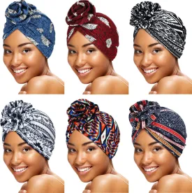 SATINIOR 6 Pieces Women Turbans African Pattern Knot Headwrap Pretied Bonnet for Women Girls