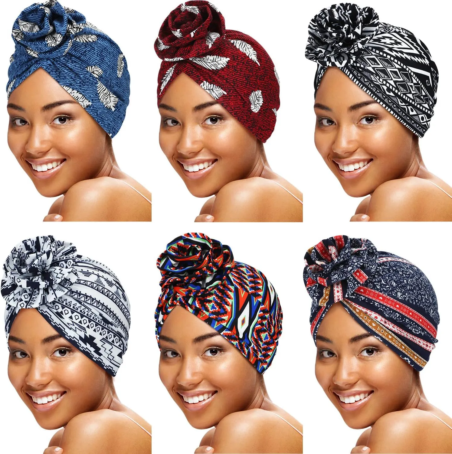 SATINIOR 6 Pieces Women Turbans African Pattern Knot Headwrap Pretied Bonnet for Women Girls