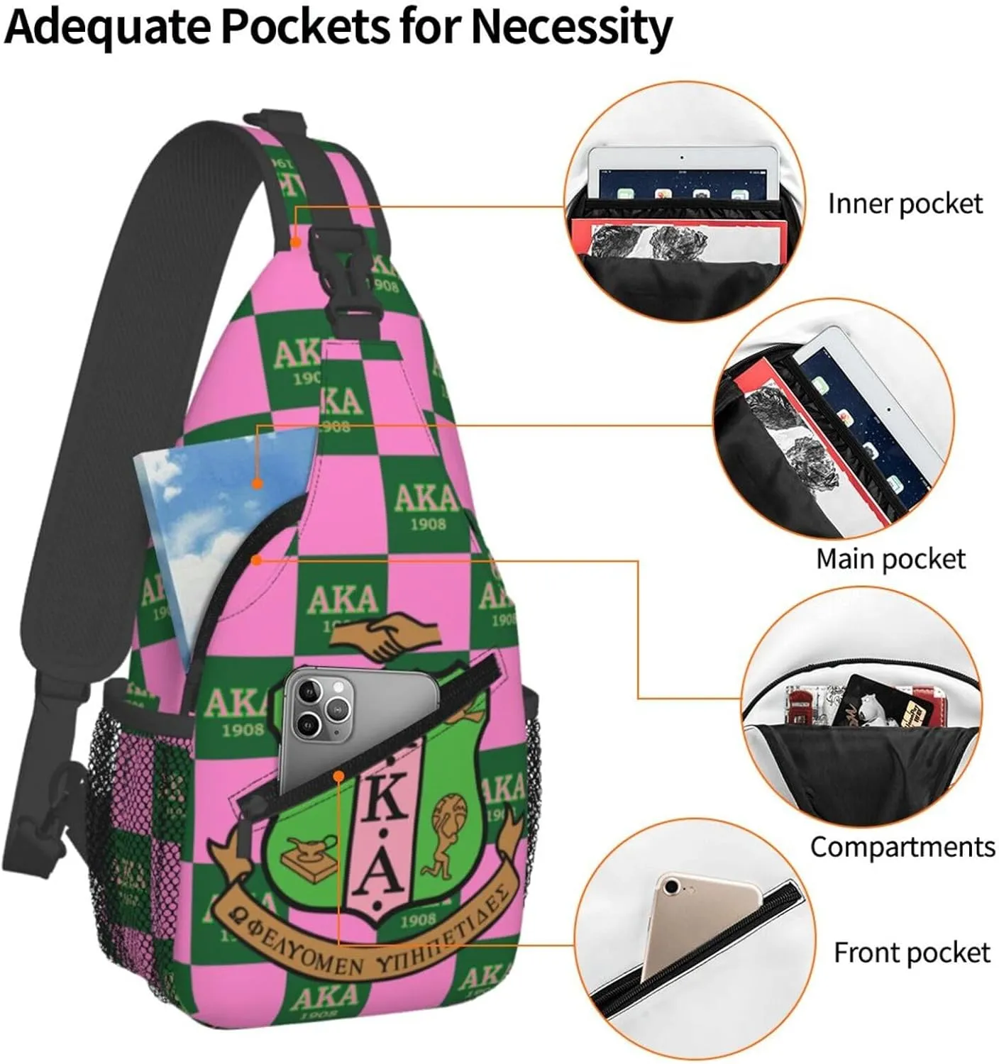 Sorority Gifts Paraphernalia Sling Bag Crossbody Travel Hiking Chest Backpack Shoulder Daypack For Women - Pink, 7.5 x 3.5 x 15.4 inches