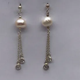 Sterling Silver Freshwater Natural Baroque Pearl CZ Dangle Earrings