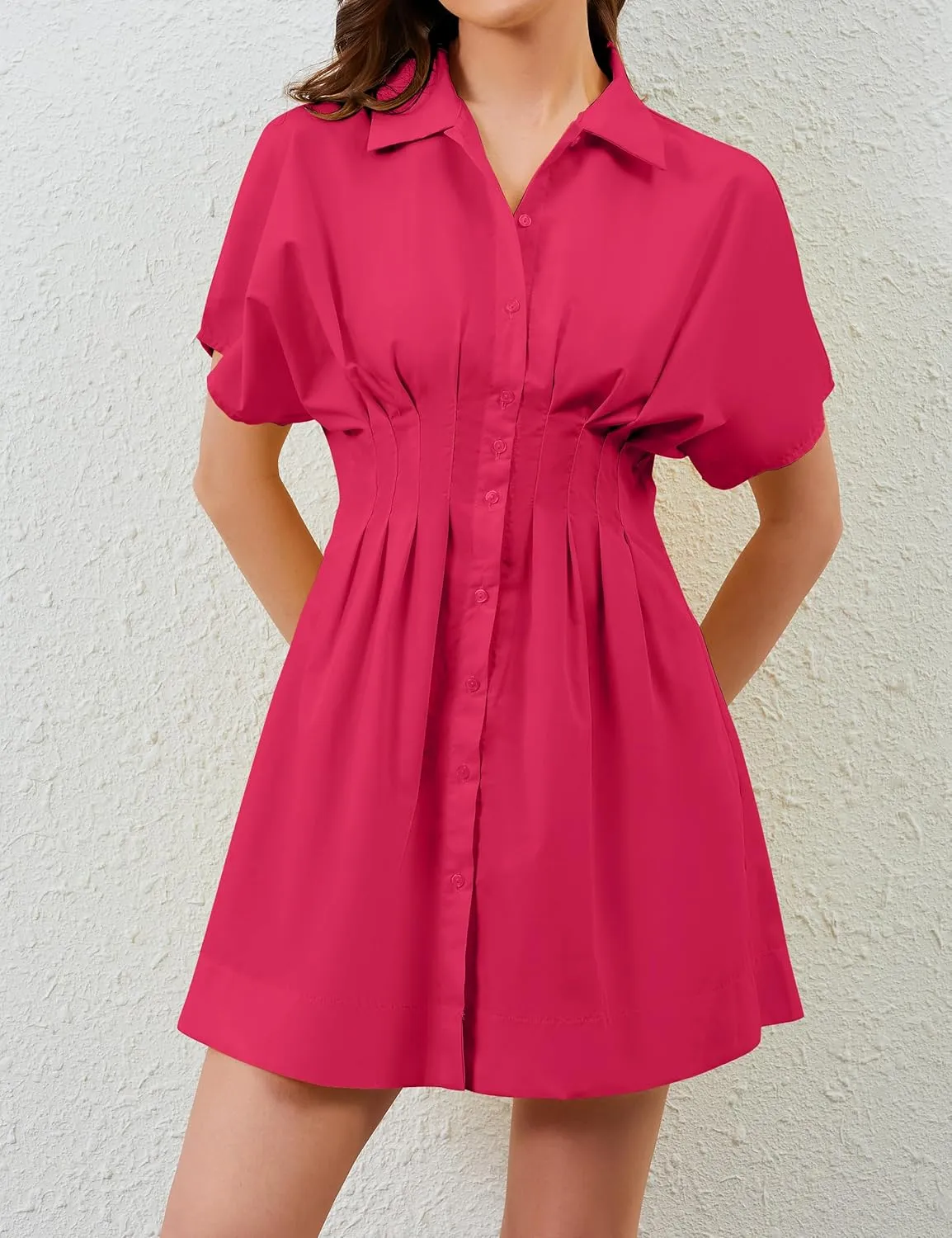 Summer Button Down Shirt Dress for Women Short Sleeve Pleated Mini Dresses Casual A Line Flowy Corset Short Dress