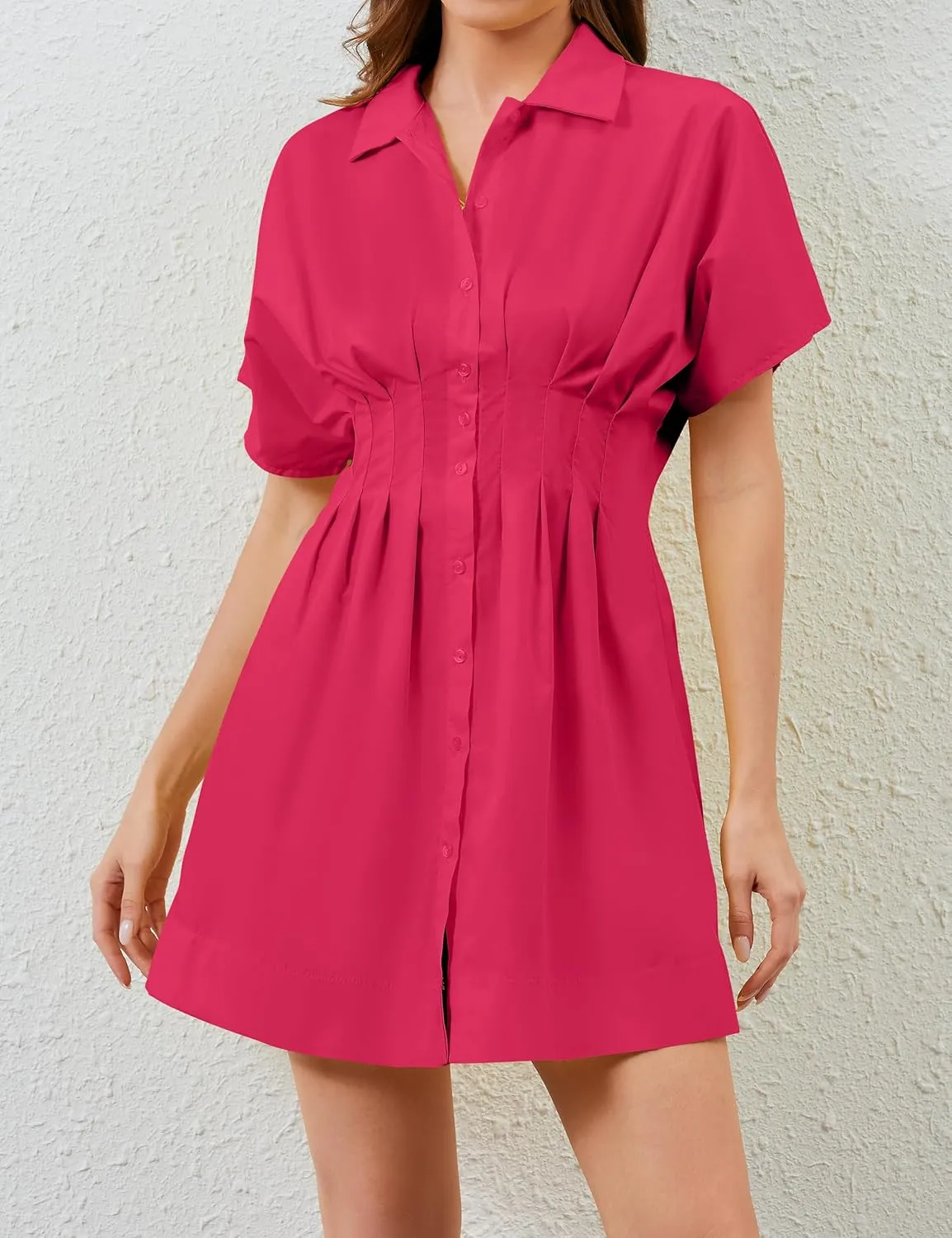 Summer Button Down Shirt Dress for Women Short Sleeve Pleated Mini Dresses Casual A Line Flowy Corset Short Dress