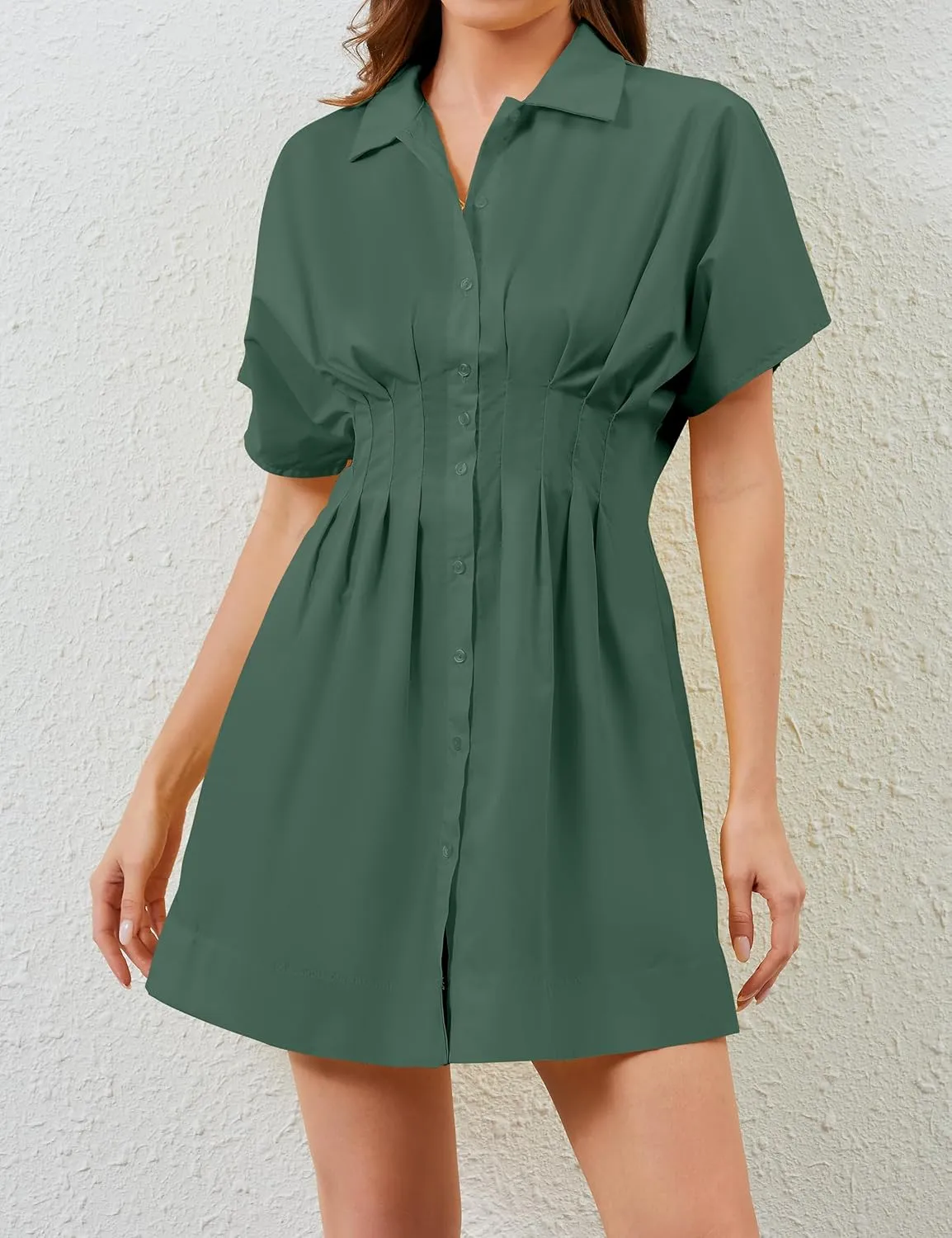Summer Button Down Shirt Dress for Women Short Sleeve Pleated Mini Dresses Casual A Line Flowy Corset Short Dress