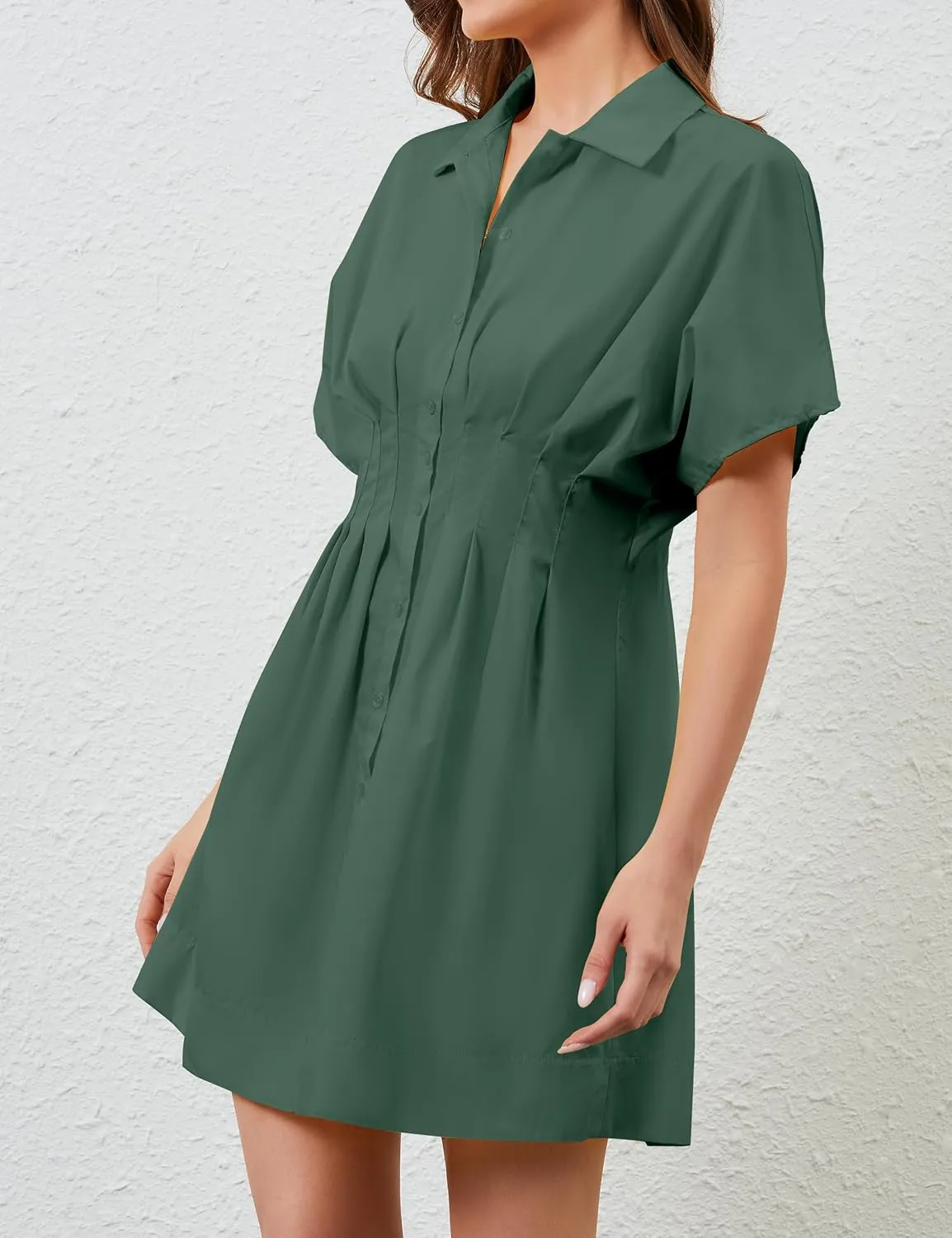 Summer Button Down Shirt Dress for Women Short Sleeve Pleated Mini Dresses Casual A Line Flowy Corset Short Dress