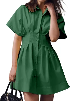 Summer Button Down Shirt Dress for Women Short Sleeve Pleated Mini Dresses Casual A Line Flowy Corset Short Dress