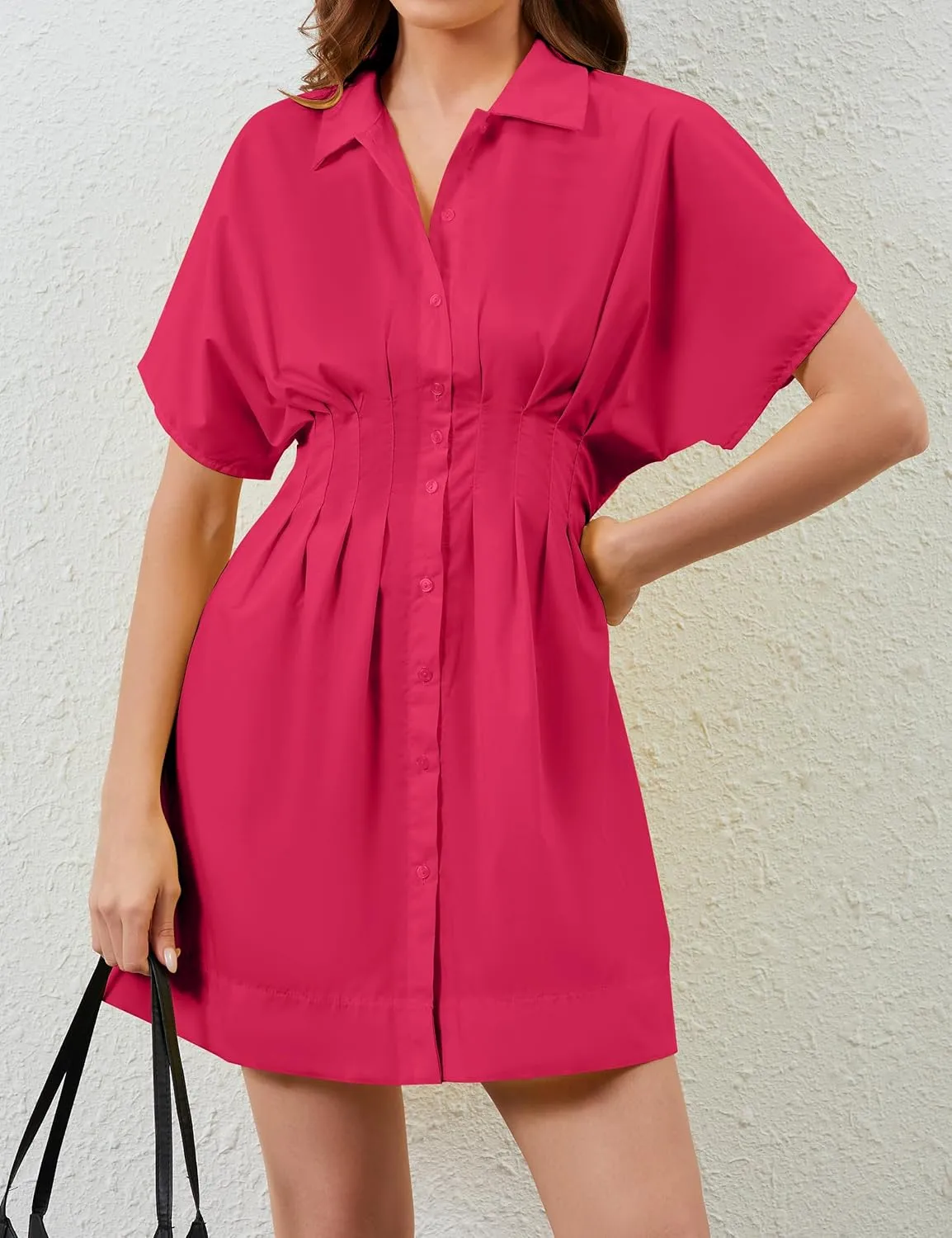 Summer Button Down Shirt Dress for Women Short Sleeve Pleated Mini Dresses Casual A Line Flowy Corset Short Dress