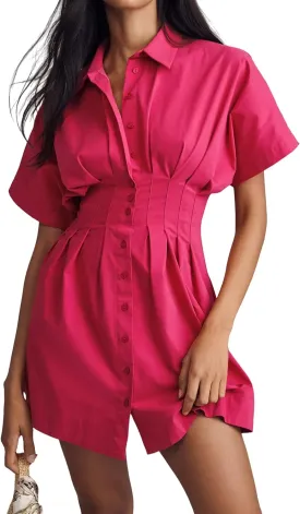 Summer Button Down Shirt Dress for Women Short Sleeve Pleated Mini Dresses Casual A Line Flowy Corset Short Dress
