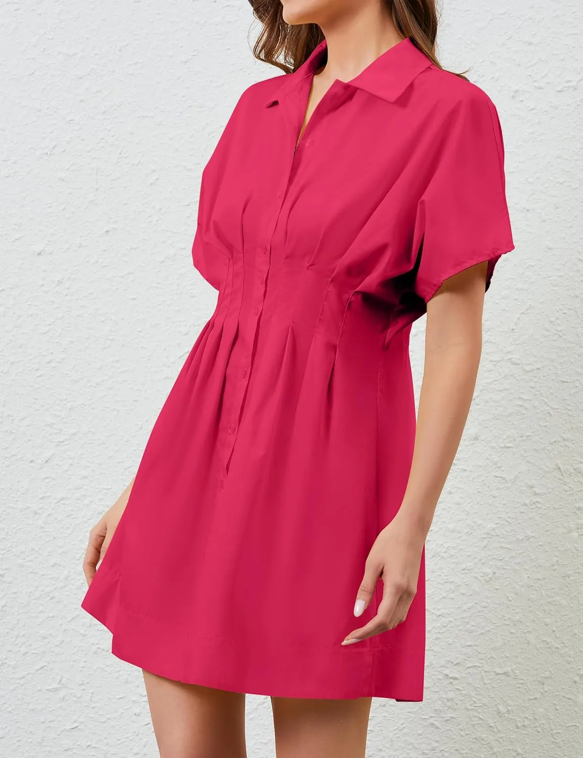 Summer Button Down Shirt Dress for Women Short Sleeve Pleated Mini Dresses Casual A Line Flowy Corset Short Dress