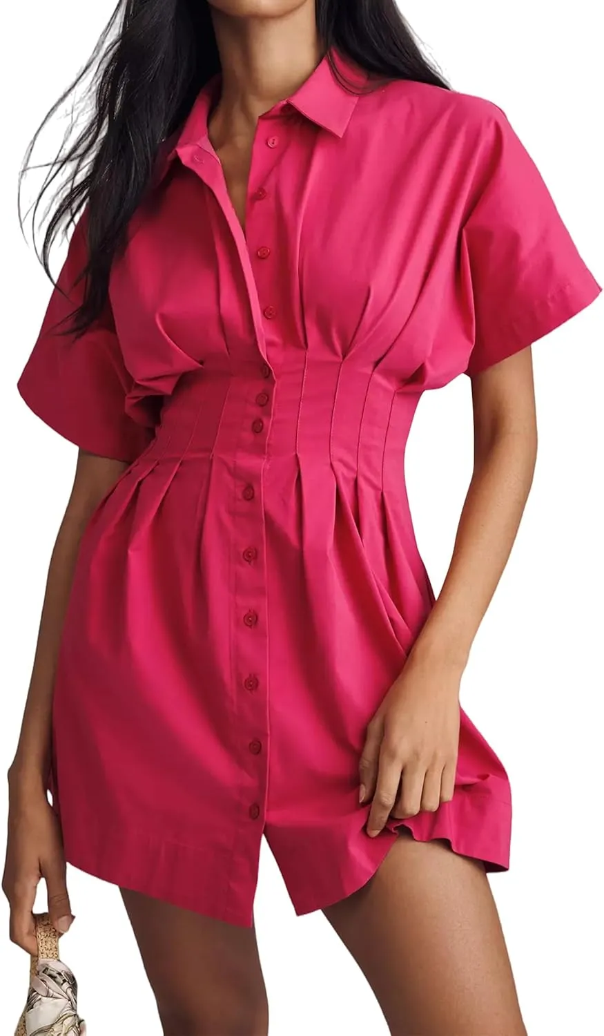 Summer Button Down Shirt Dress for Women Short Sleeve Pleated Mini Dresses Casual A Line Flowy Corset Short Dress