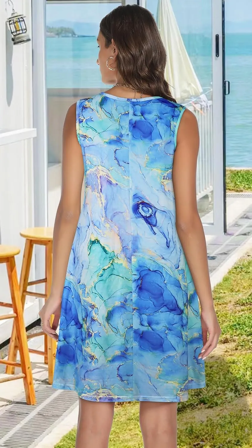 Summer Dresses for Women Casual Sleeveless Sundress Floral Loose Fit Beach Cover Up with Pocket