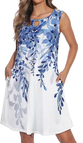 Summer Dresses for Women Casual Sleeveless Sundress Floral Loose Fit Beach Cover Up with Pocket
