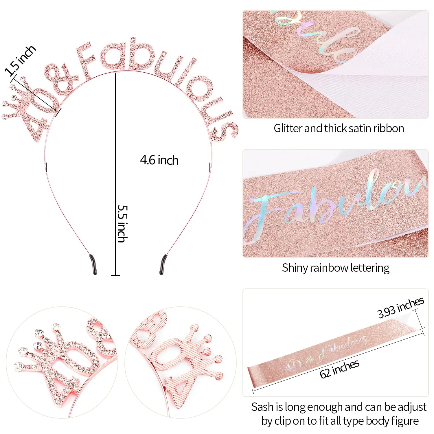 SuPoo Rose Gold 40th Birthday Sash and Headband 40th Birthday Decorations for Women 40th Birthday Crown Tiara 40th Birthday Gifts for Her 40 and Fabulous 40 Year Old Party Decorations
